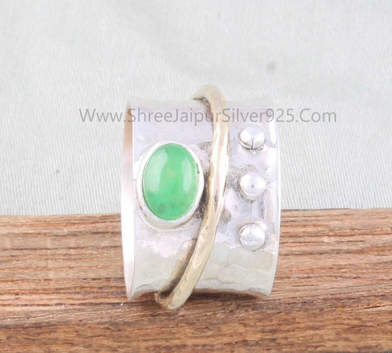 Green Jade Oval Solid 925 Sterling Silver Spinner Ring For Women, Handmade Hammered Band Two Tone Anxiety Fidget Ring For Anniversary Gifts