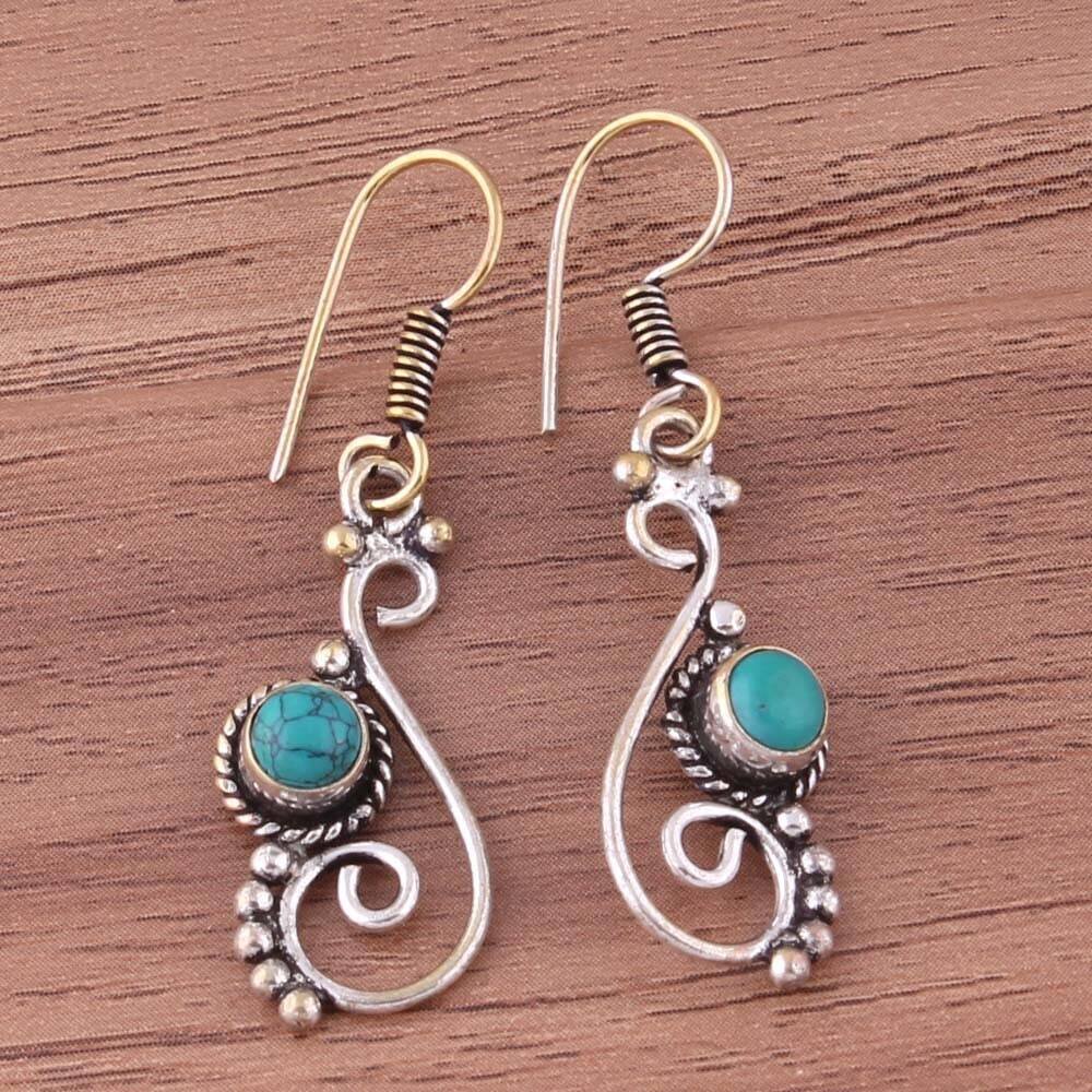 Fancy Shape Earring 925-Silver Sterling Earring Whit Composite Turquoise Gemstone Earring Cabochon+Round Shape Stone AND Silver Earrings