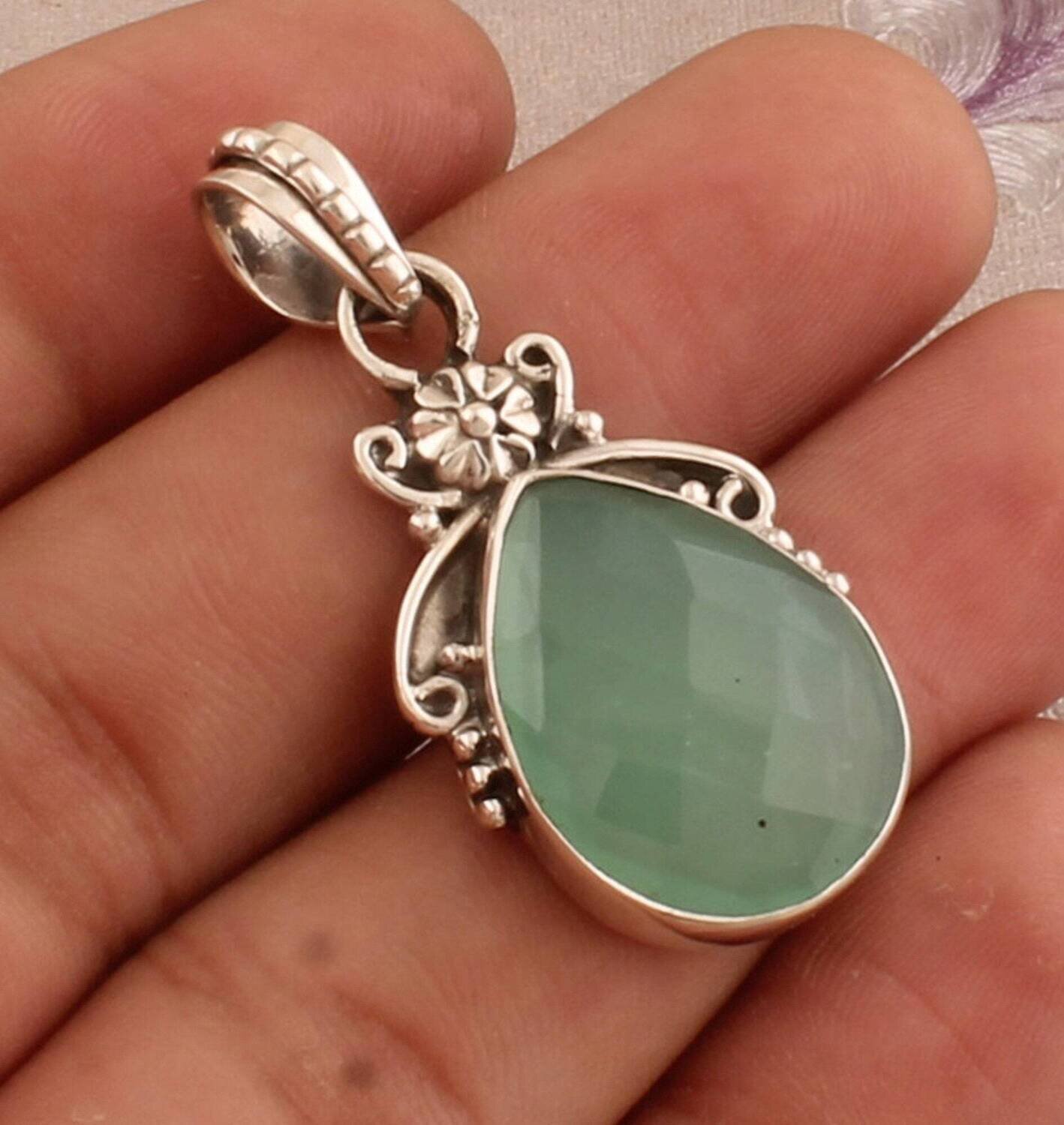 Aqua Chalcedony Pendant, 925 Sterling Silver Pendant, Pear Shape Gemstone Pendant, Big Stone Silver Pendant, Handcrafted Pendant, Gift idea