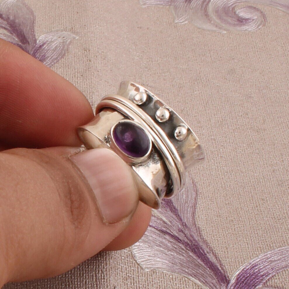 Amethyst Ring-Silver Band Ring 925 Sterling Solid Silver Ring-Spinner Ring-Amethyst Spinner Ring-Thumb Ring-Amethyst Spinner Christmas Ring