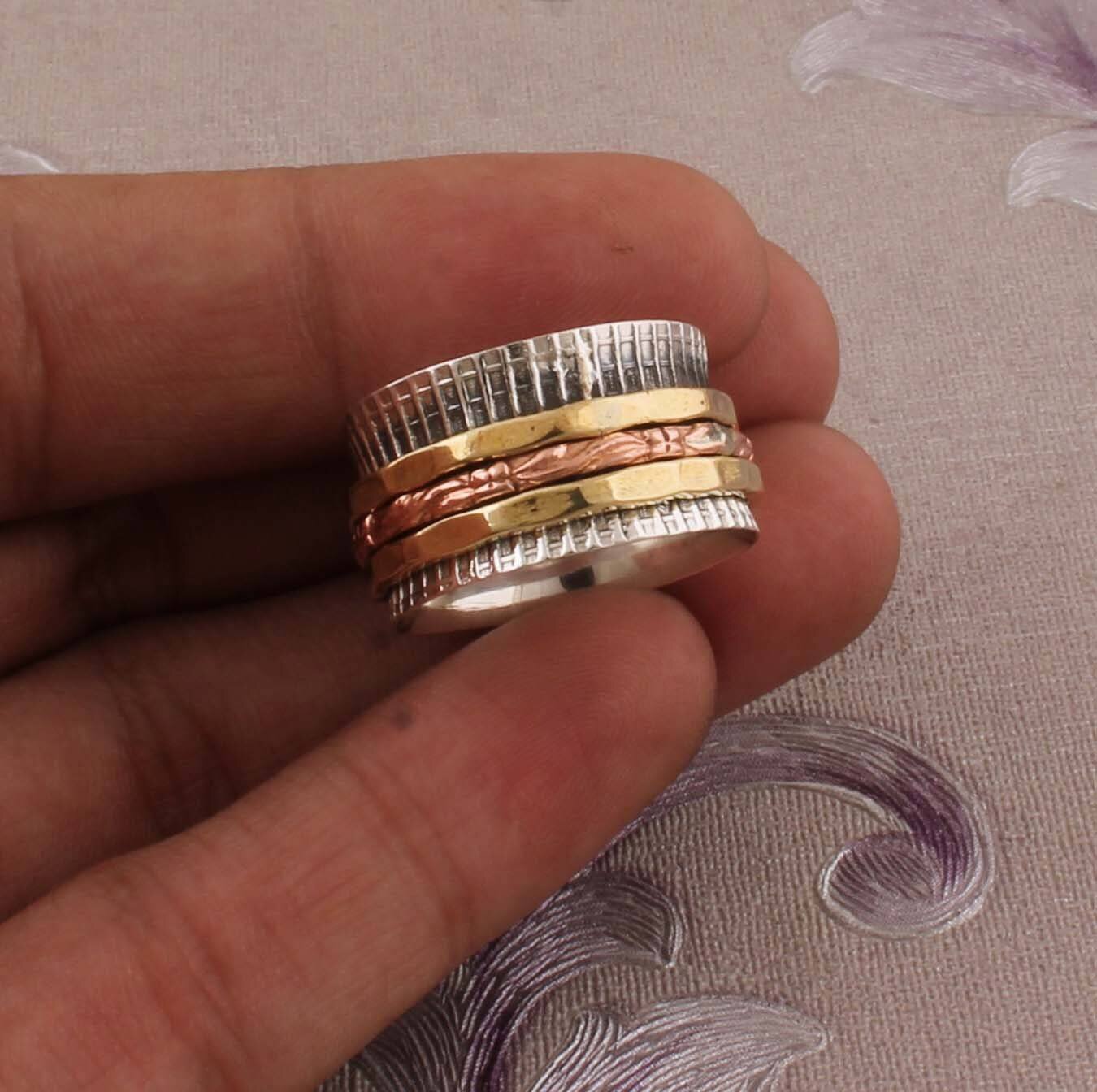 Three Tone Ring 925-Sterling Silver Ring,Spinner Ring,Antique Silver Ring,Brass With  Copper With Silver Spinner Ring Thumb Ring