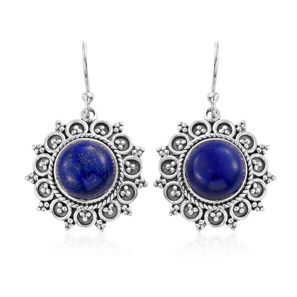 Round Shape Earring With Natural Lapis AAA+Quality Gemstone Handcrafted Earring Charm &amp; Boho Earring 925-Sterling Solid Silver Earring