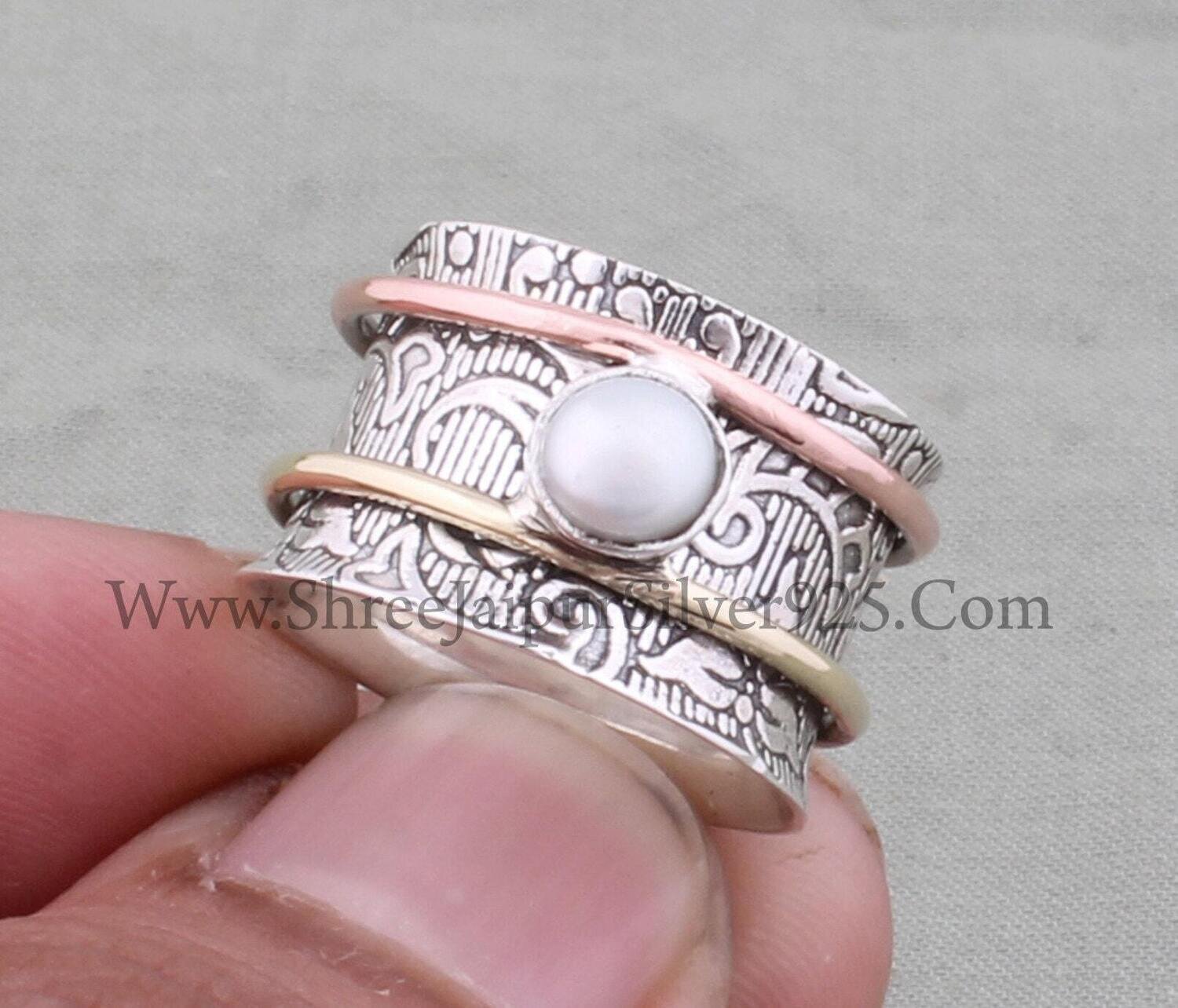 Natural Pearl Solid 925 Sterling Silver Spinner Ring For Women, Handmade Engraved Band Three Tone Fidget Anxiety Ring Gifts For Her Wedding