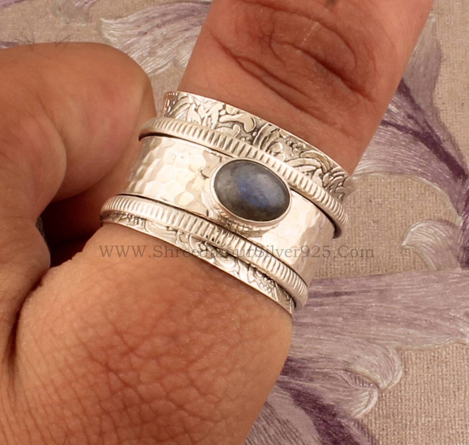Natural Labradorite Engraved Band Solid 925 Sterling Silver Spinner Ring For Women, Handmade Hammered Band Ring, Boho Worry Anxiety Ring