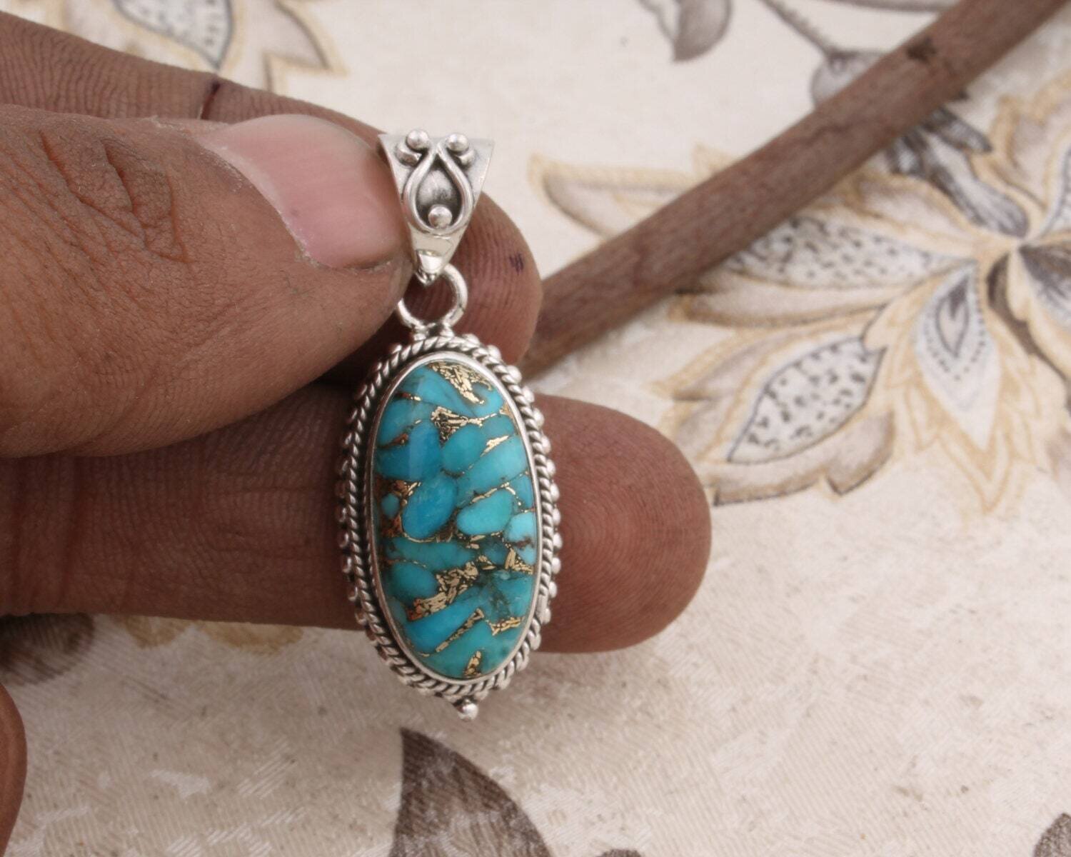 Pendant ETSY Solid 925-Sterling Silver Pendant With Composite Turquoise Top Quality Silver Gemstone Pendant Handcrafted Boho Pendant.