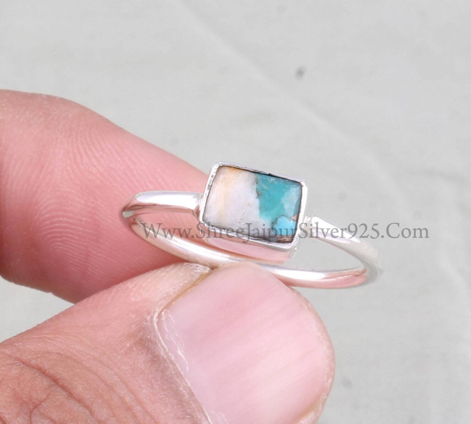Oyster Copper Turquoise Solid 925 Sterling Silver Ring For Women Handmade Rectangle Bar Stone Band Ring For Wedding Anniversary Gift For Her