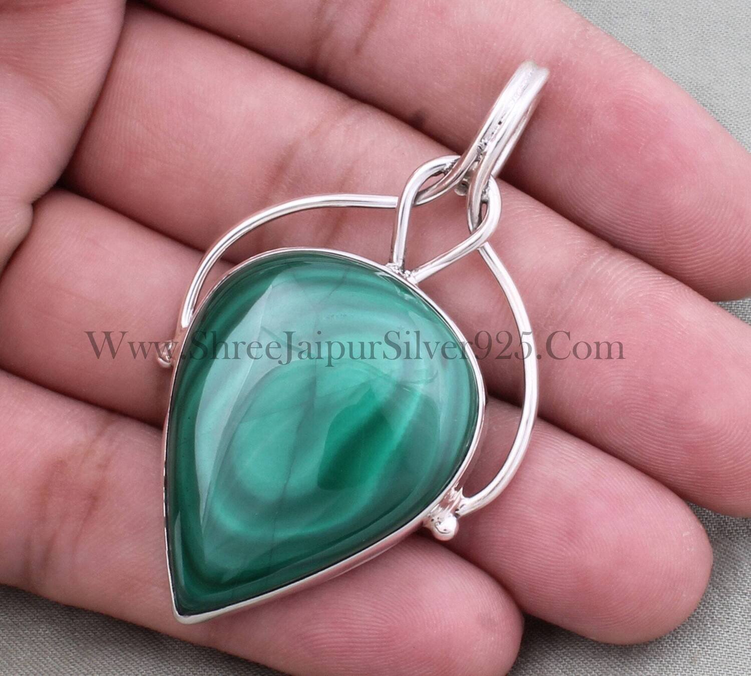 Malachite Natural Gemstone Silver Necklace Pendant For Women, Solid 925 Sterling Silver Women Jewelry Bridal Wedding Jewelry Gift For Her