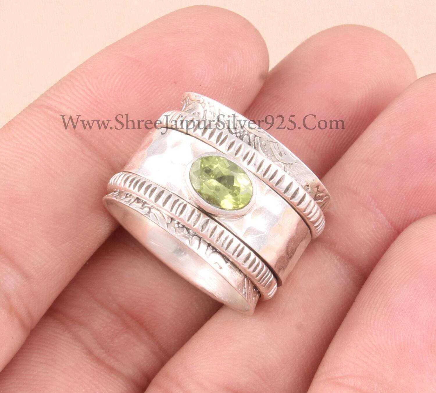Natural Peridot Oval Cut Band Solid 925 Sterling Silver Spinner Ring For Women, Handmade Hammered Band Anxiety Fidget Ring Anniversary Gifts