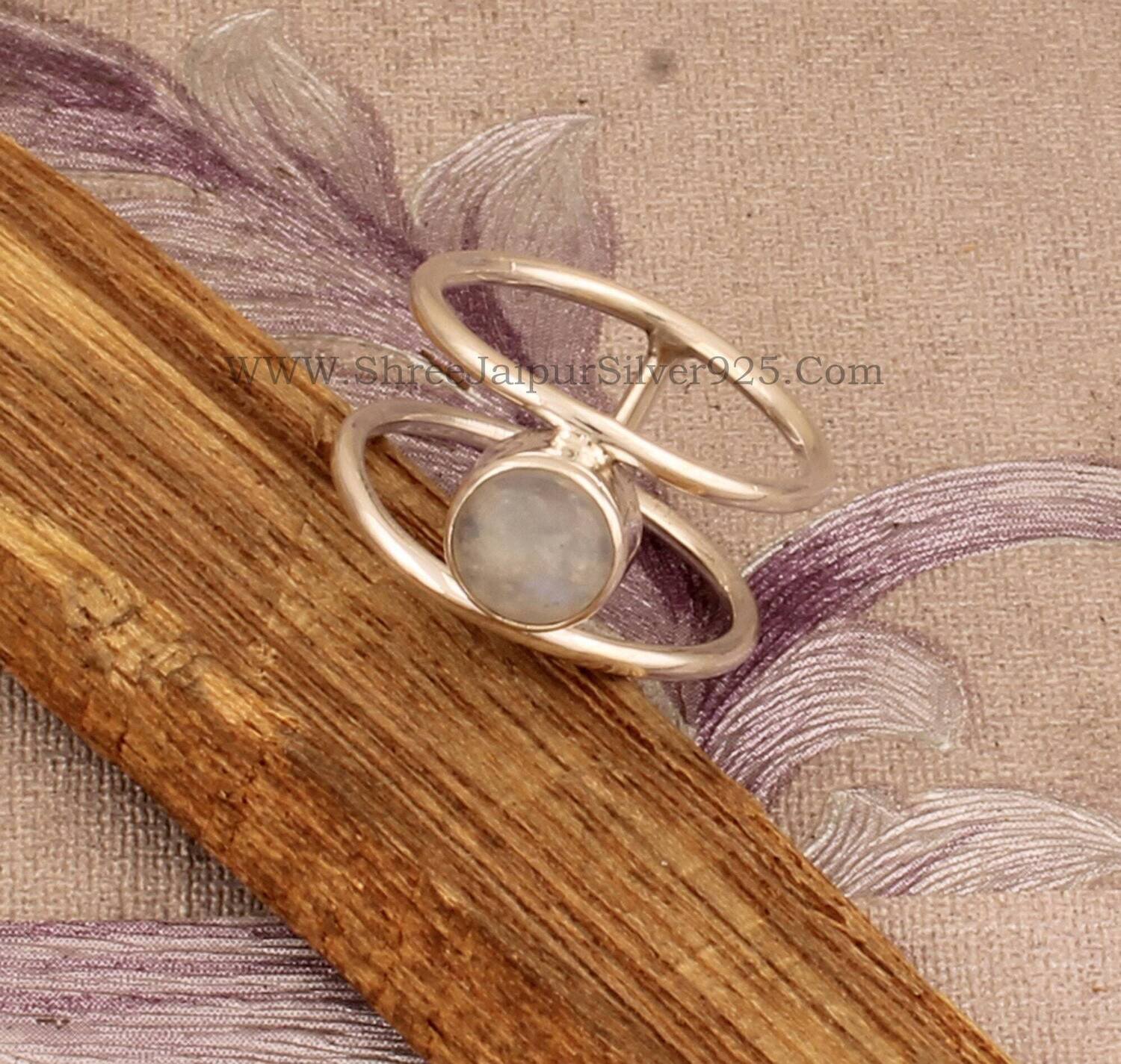 Natural Rainbow Moonstone Solid 925 Sterling Silver Ring For Women, Handmade Double Band Round Ring For Wedding Anniversary Gift For Her