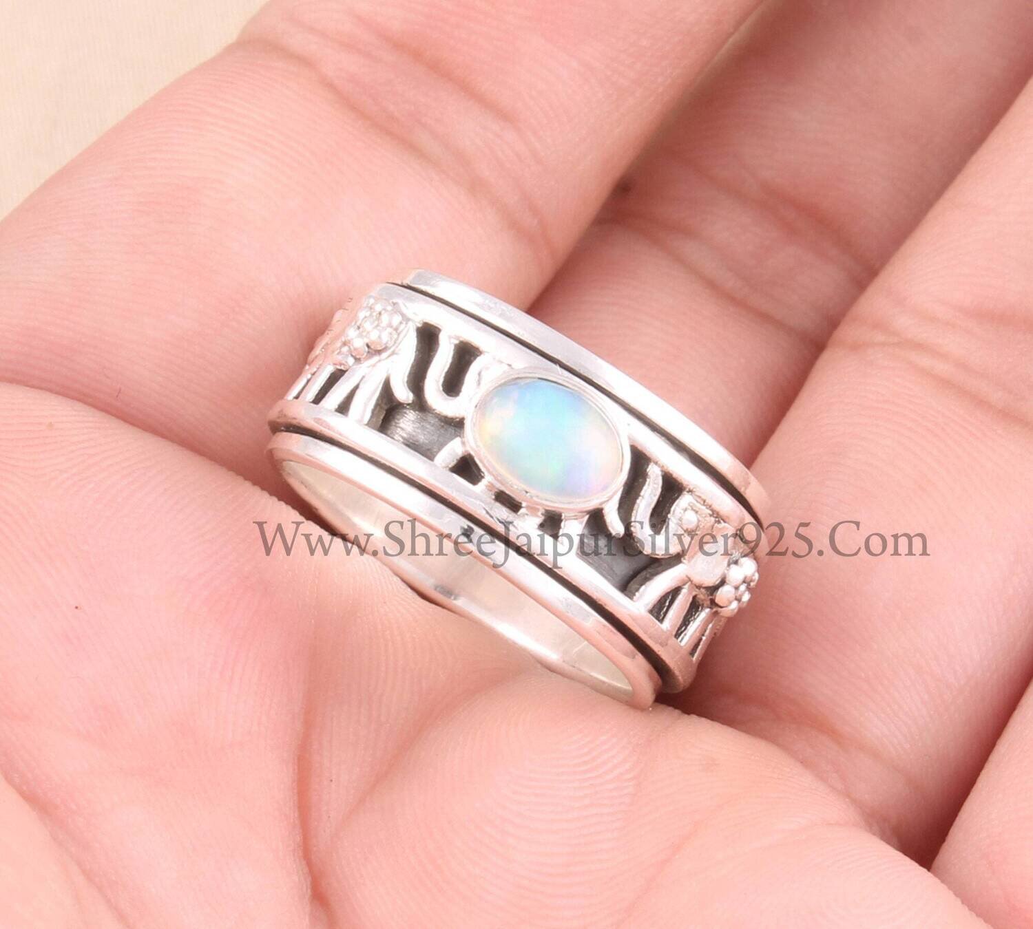 Natural Ethiopian Opal Oval Solid 925 Sterling Silver Elephant Spinner Ring For Women, Handmade Band Anxiety Fidget Ring Gifts Anniversary