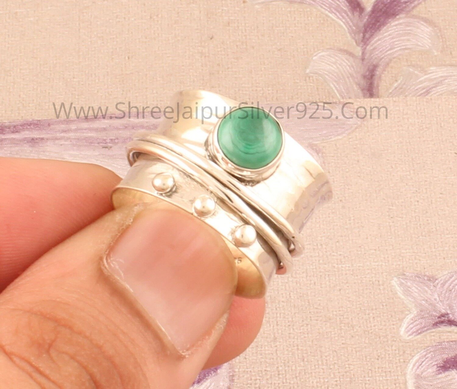 Malachite Silver Band Ring Solid 925 Sterling Silver Spinner Ring For Women, Handmade Hammered Round Gemstone Ring, Meditation Boho Jewelry