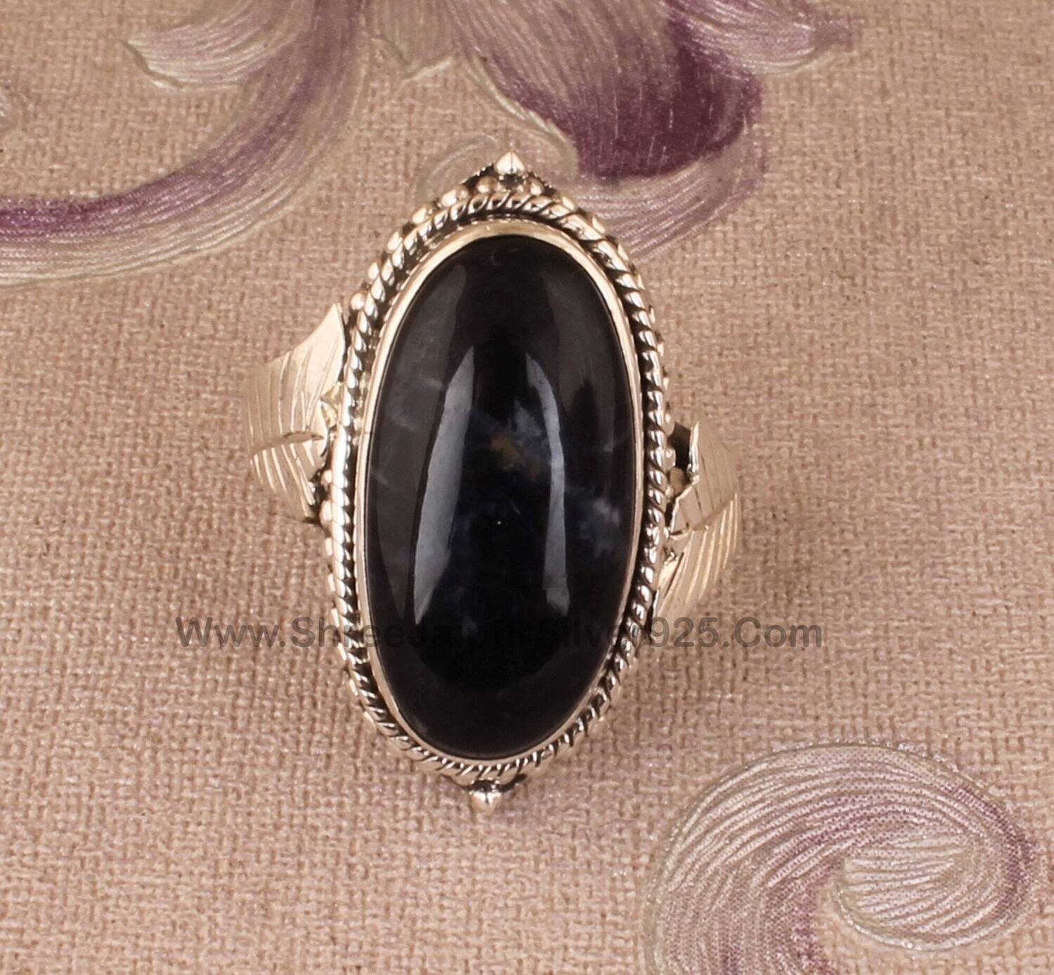 Natural Sodalite Solid 925 Sterling Silver Ring For Women, Handmade Engraved Leaves Oval Stone Band Ring For Wedding Anniversary Gift Idea