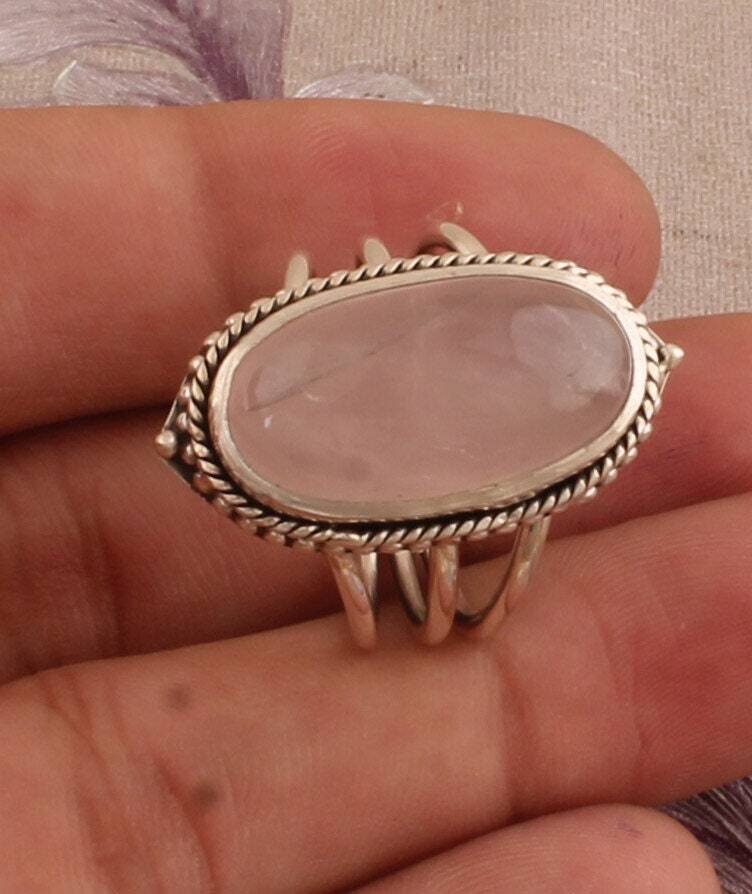 Silver Rose Quartz Ring, 925 Sterling Silver Big Stone Ring, Designer Handmade Three Layers Silver Ring, Women Jewelry, Valentine's Day Gift