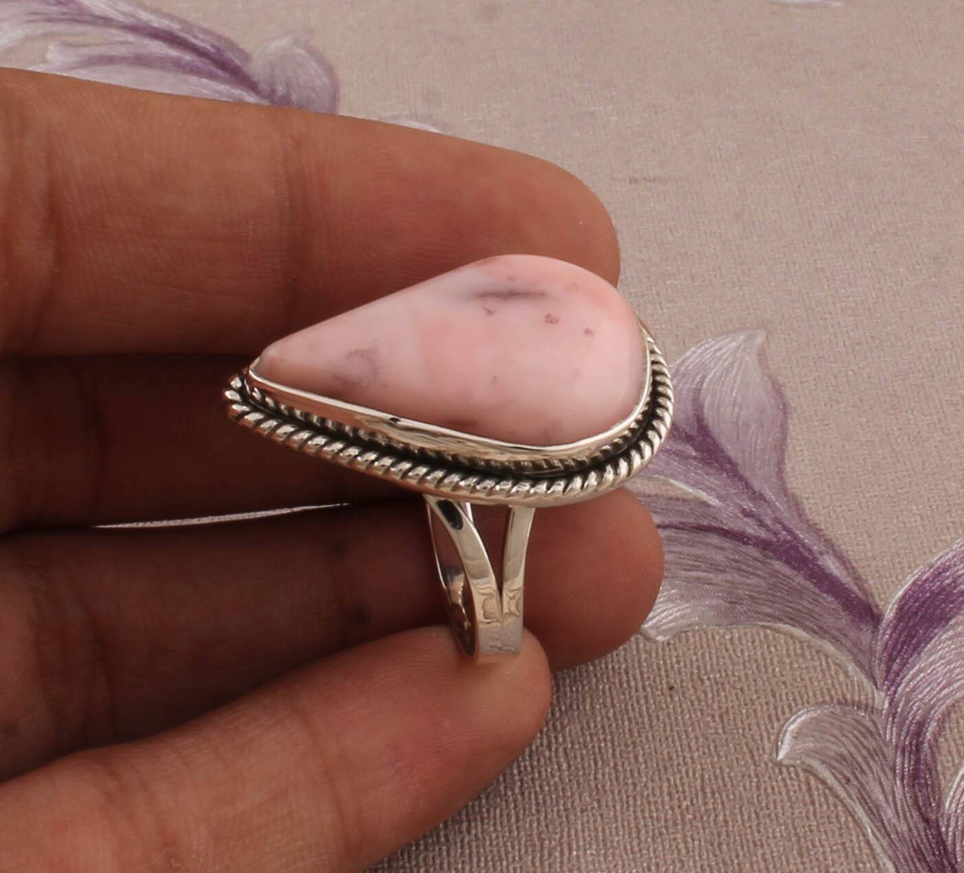 Natural Beautiful Pink Opal Top Quality Gemstone Ring Pear Shape,With Cabochon Stone Ring 925-Antique Silver Ring Middle Finger Ring