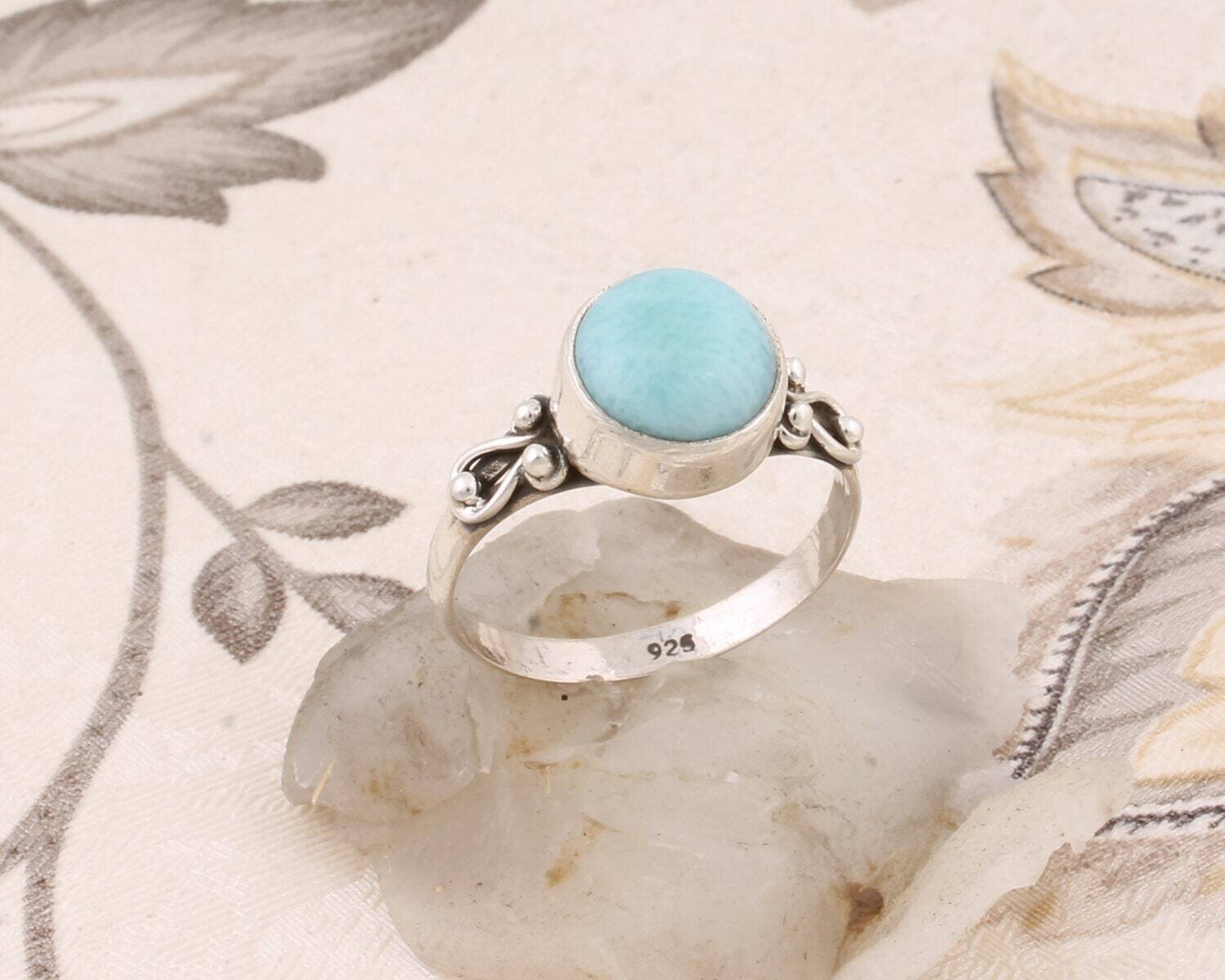 Natural Amazing Larimar Gemstone Cabochon Opaque Stone Boho Ring 925-Sterling Solid Silver Ring Middle Finger Ring (Simple Ring ) L#-281931