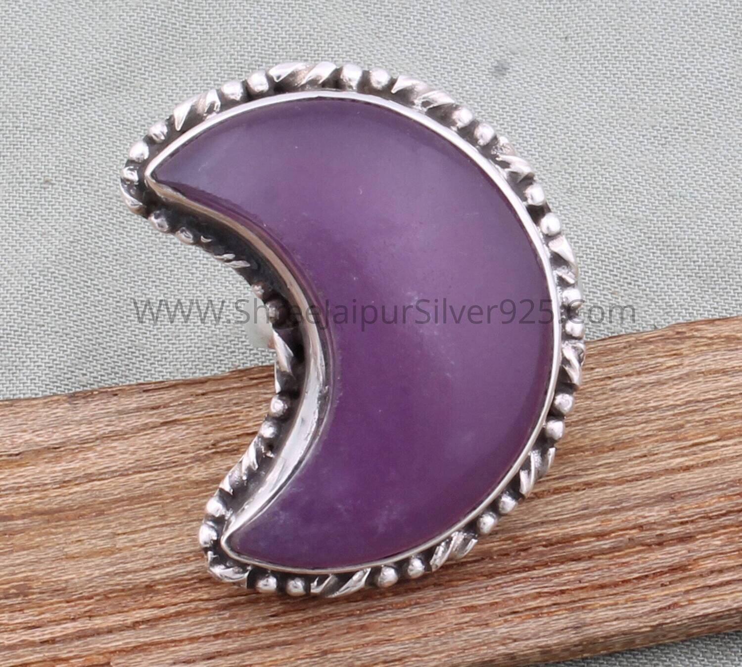 Purple Jade Solid 925 Sterling Silver Ring For Women, Handmade Crescent Moon Gemstone Ring, Twisted Wire Design Silver Women Ring For Gift