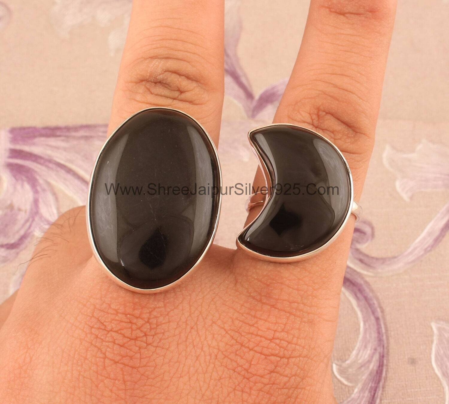 Natural Black Onyx Crescent Moon & Oval Stone Solid 925 Sterling Silver Ring For Women Handmade Combo Moon Oval Ring For Wedding Anniversary