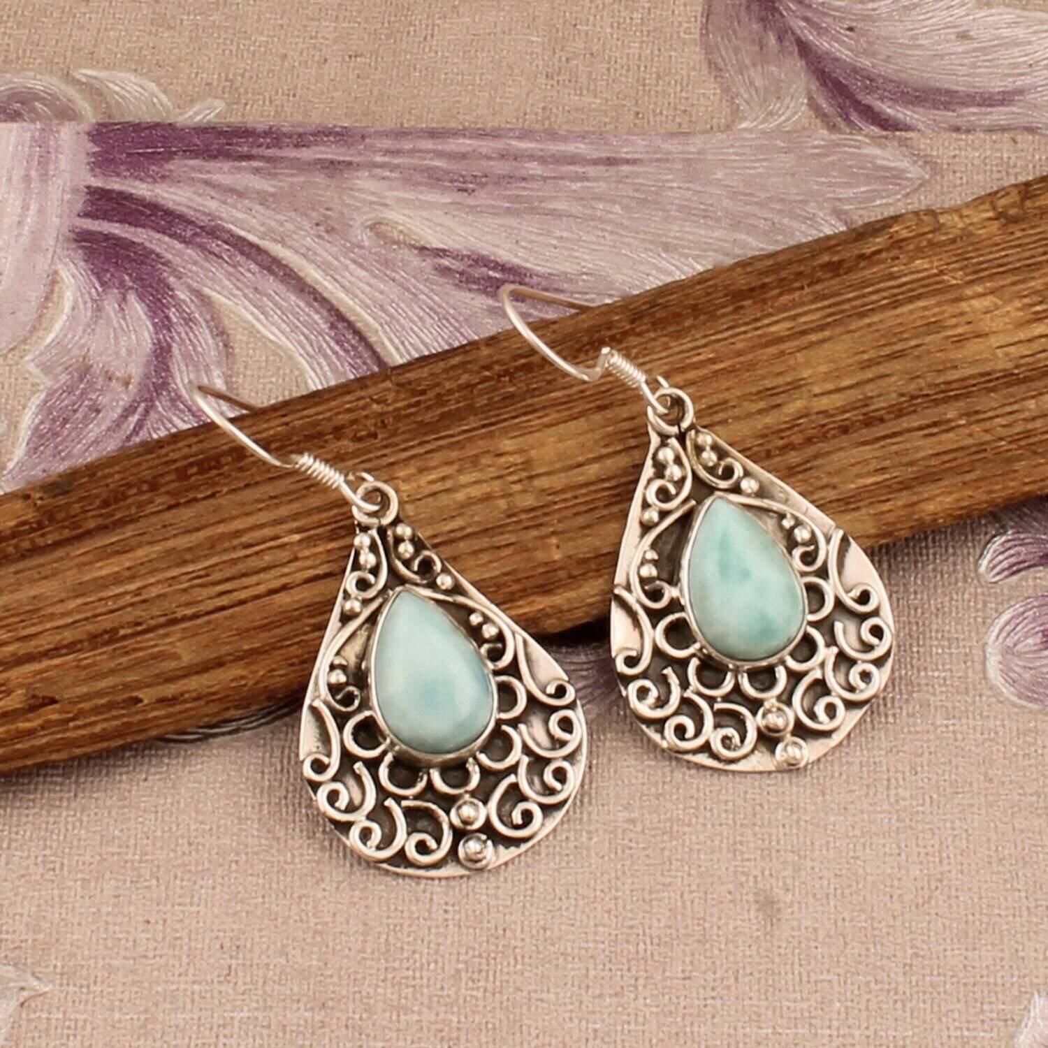 Natural Larimar Solid 925-Sterling Silver Earring With AAA+Quality Gemstone Earring Handcrafted  Charm With Boho Earring Gift For You !