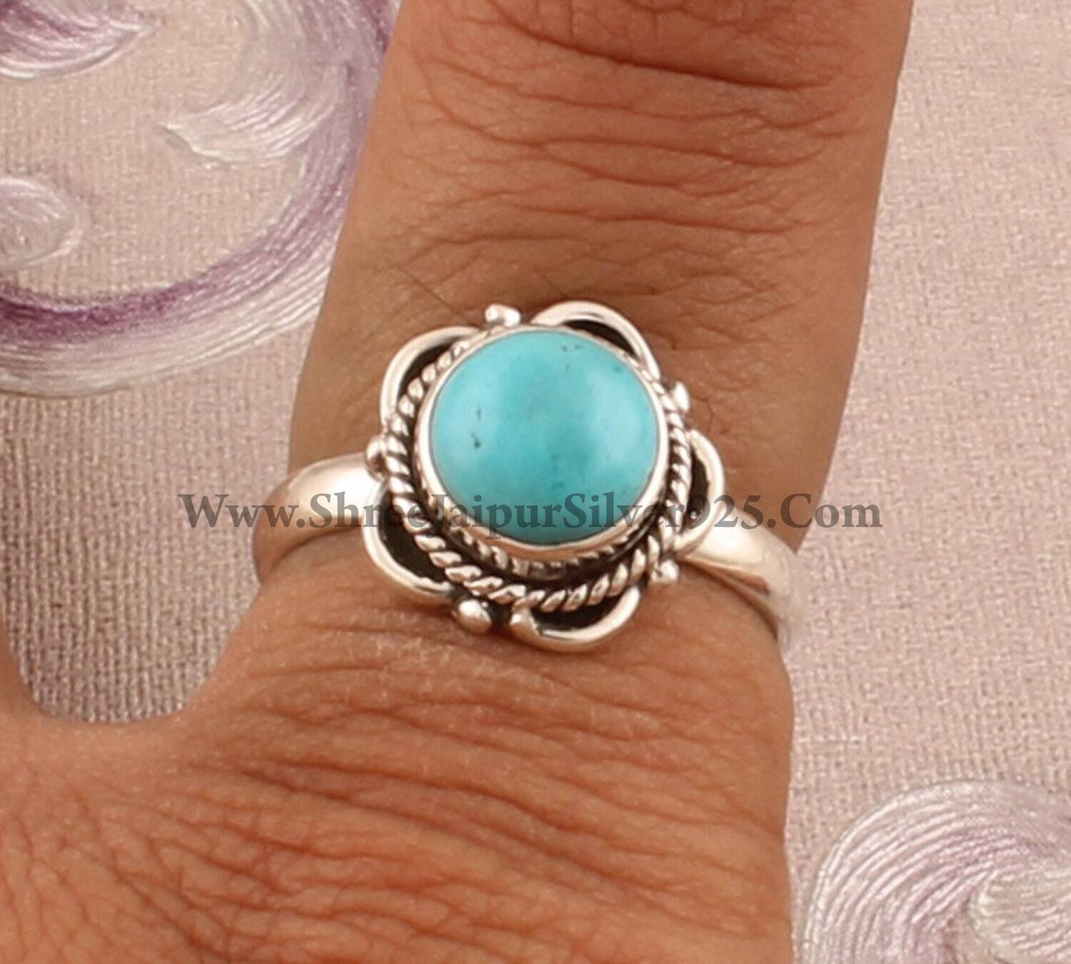Sleeping Beauty Turquoise Gemstone Ring, Round Cabochon Stone Ring, 925-Sterling Solid Silver Ring, Engagement Ring, Middle Finger Ring