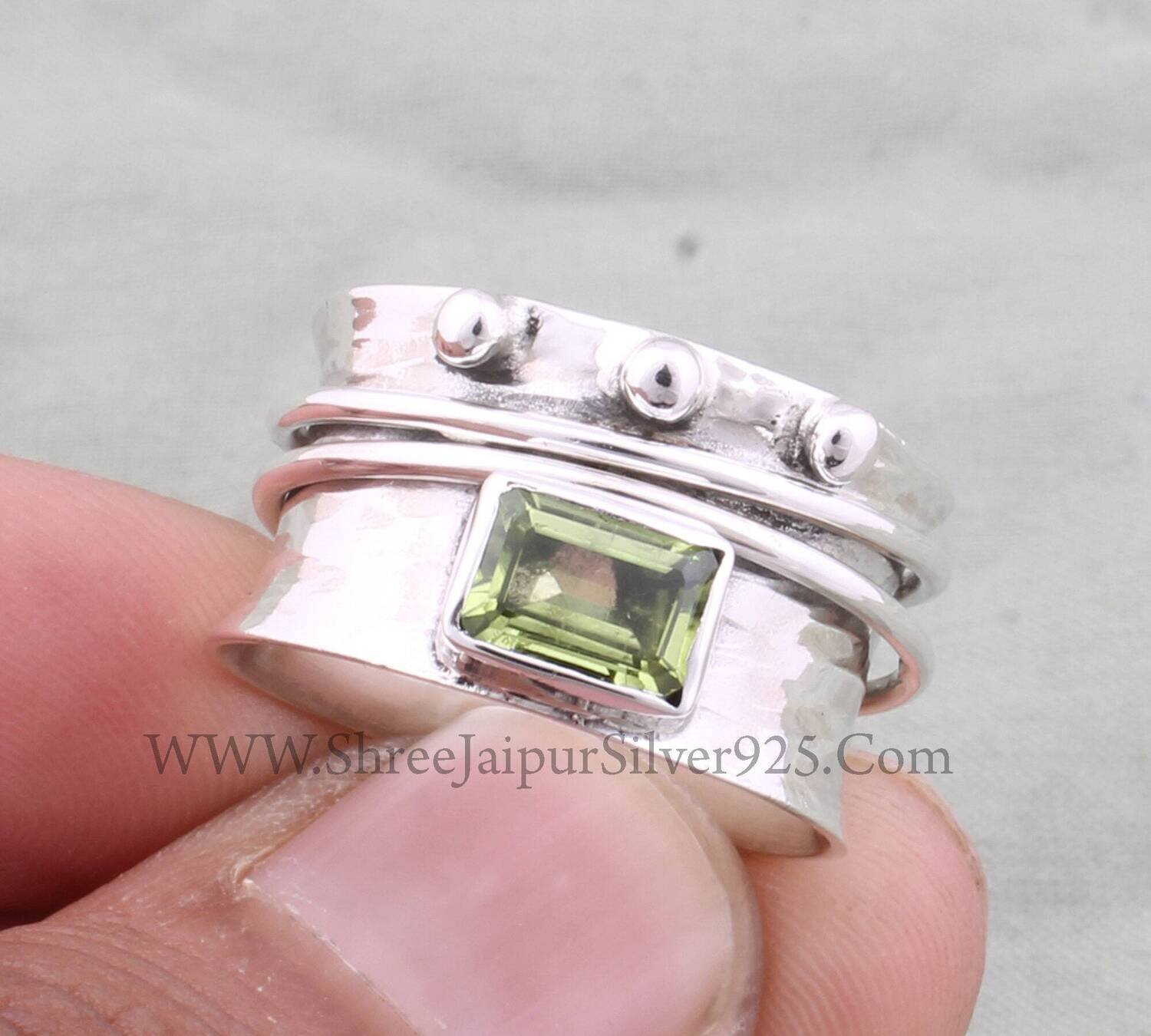 Natural Peridot Solid 925 Sterling Silver Spinner Ring For Women, Handmade Rectangle Meditation Wedding Ring Boho Worry Anxiety Ring For Her