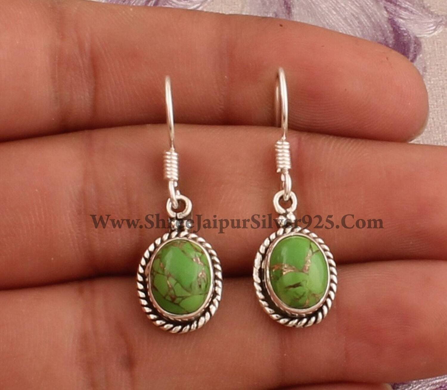 Green Copper Turquoise Gemstone Earrings, 925 Sterling Silver Designer Handmade Silver Earrings, Valentine's Day Earrings, Etsy Cyber 2021