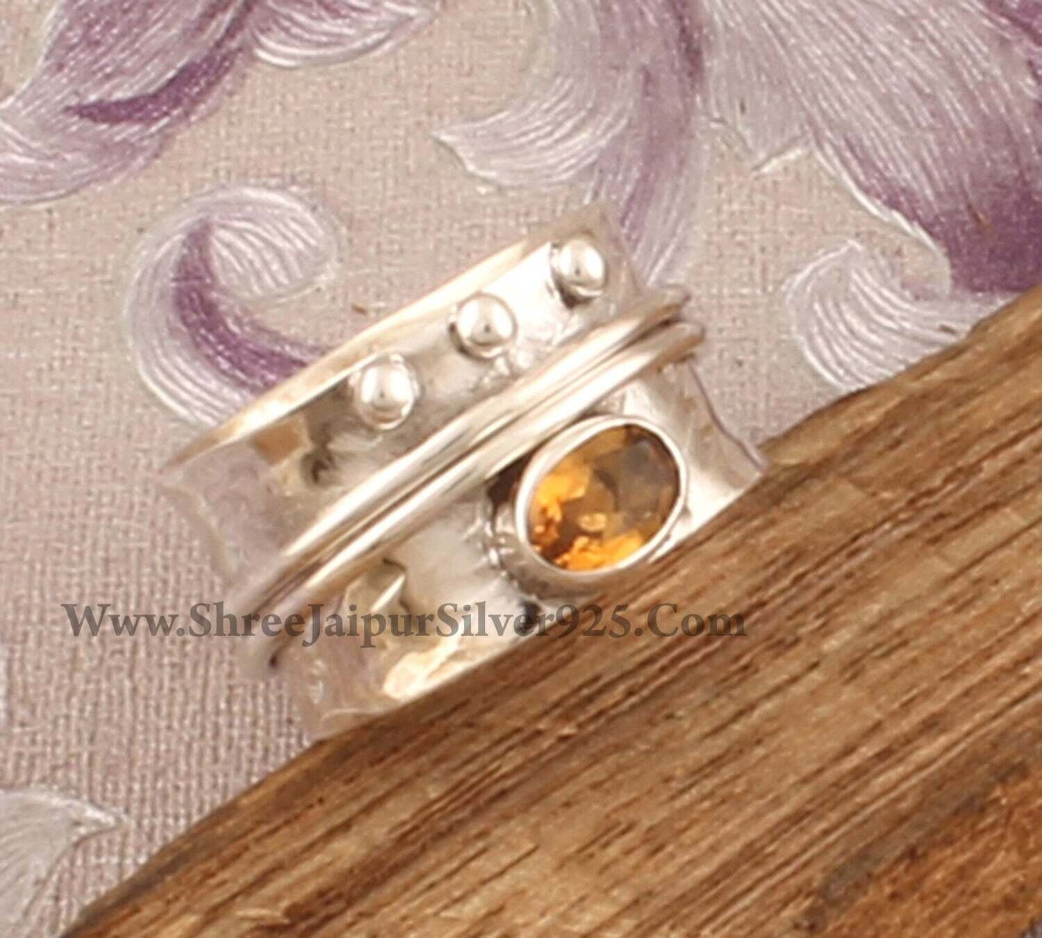Natural Citrine Solid 925 Sterling Silver Spinner Ring For Women, Handmade Oval Meditation Wedding Ring Boho Worry Anxiety Ring Gift For Her