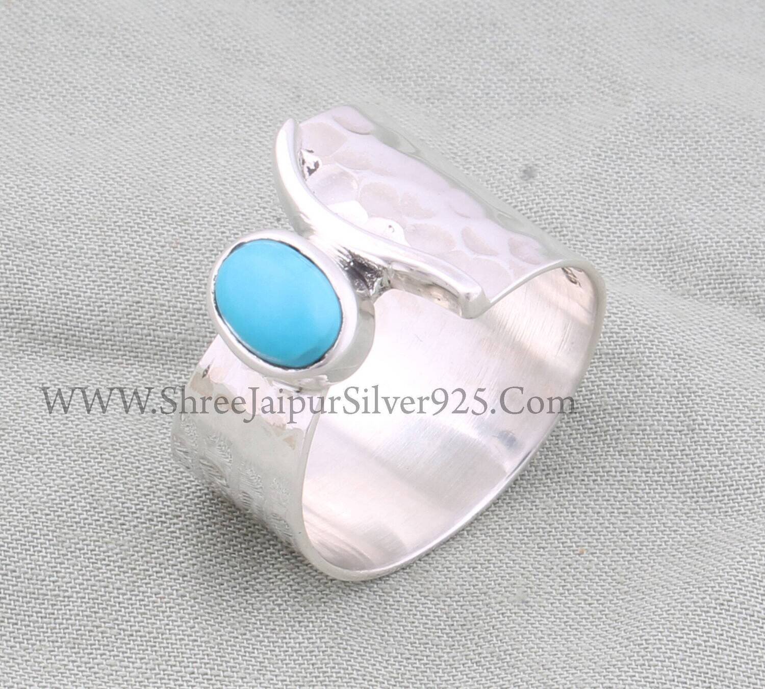 Natural Turquoise Oval Solid 925 Sterling Silver Ring For Women, Handmade Silver Hammered Designer Band Ring For Wedding Anniversary Gift
