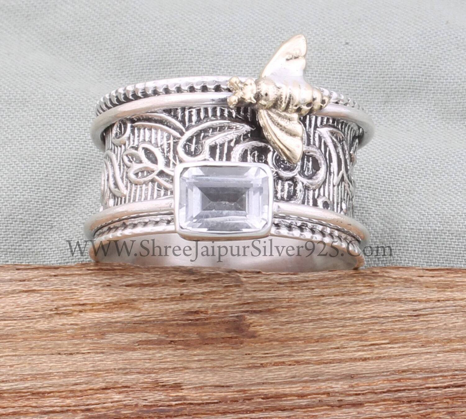 925 Sterling Silver & Brass Crystal Quartz Spinner Ring, Handmade Honey Bee Engraved Wide Band Fidget Anxiety Ring Gifts For Her Anniversary