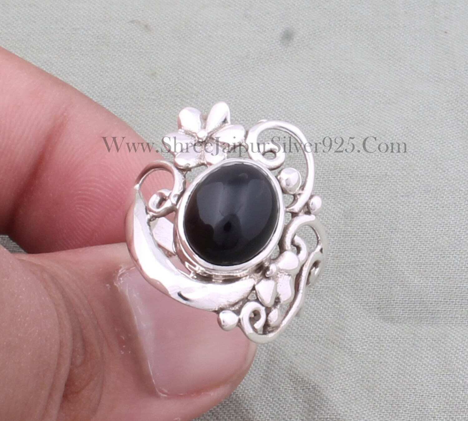 925 Sterling Silver Black Onyx Oval Gemstone Silver Ring, Designer Hand Carved Flower Silver Ring, Women Jewelry Gift Idea