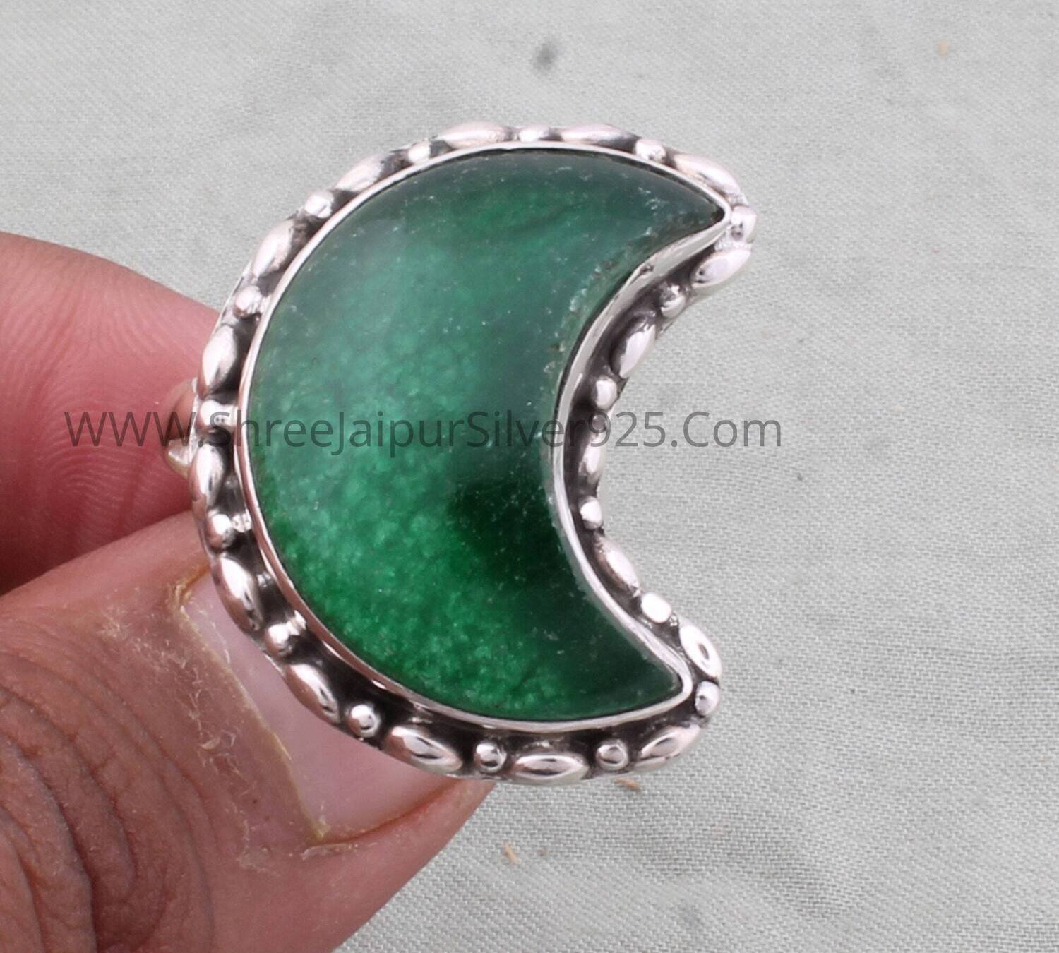Green Jade Solid 925 Sterling Silver Ring For Women, Handmade Crescent Moon Stone Band Ring For Wedding Anniversary Gift For Women Jewelry