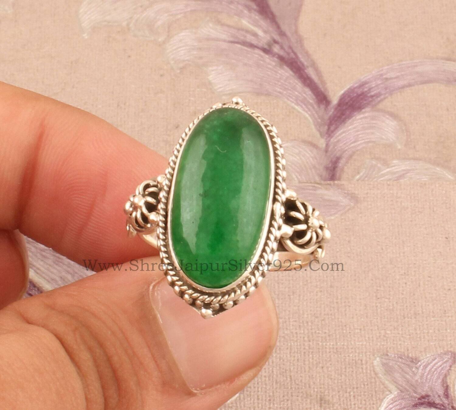 925 Sterling Silver Rings For Women Natural Green Jade Ring Oval Handmade Silver Gemstone Jewelry Engagement Vintage Dainty Valentine's Day