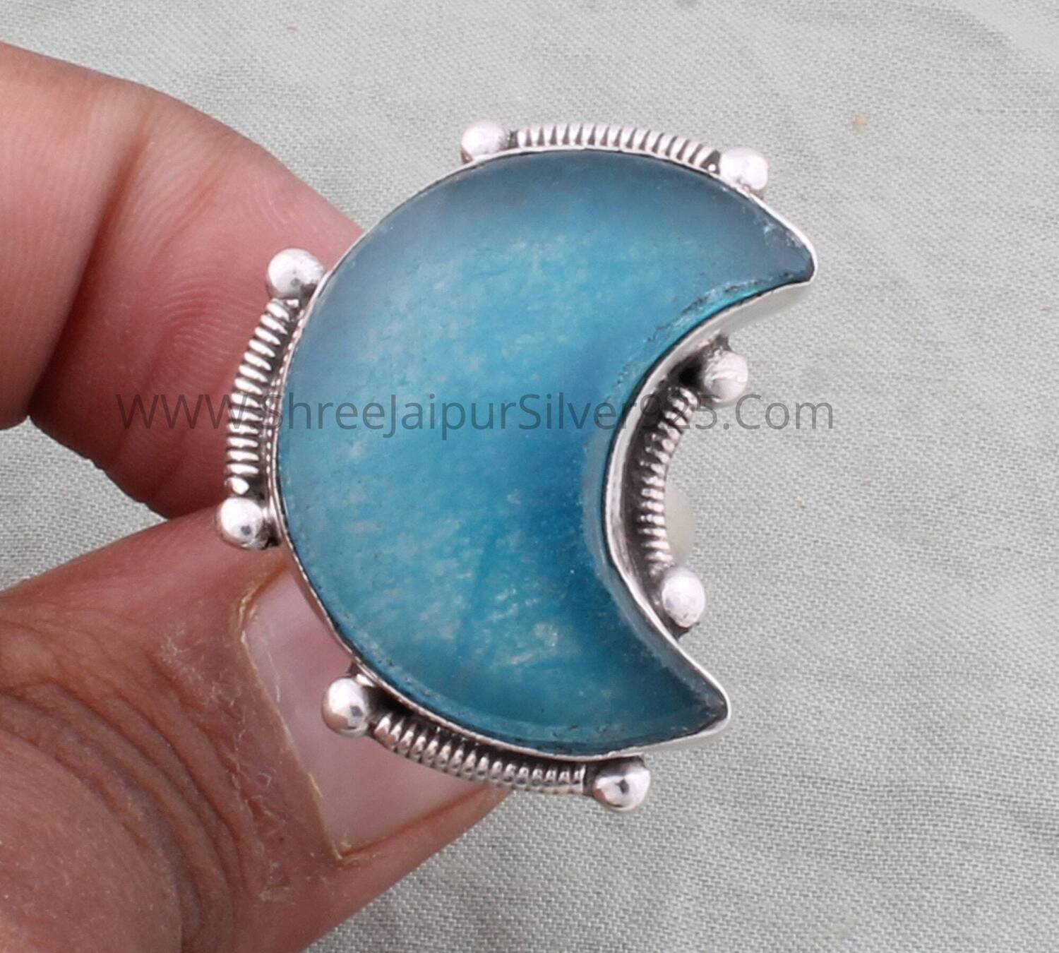 Apatite Blue Jade Solid 925 Sterling Silver Ring For Women, Crescent Moon Stone Ring For Wedding Anniversary Gift Three Twisted Wire Ring