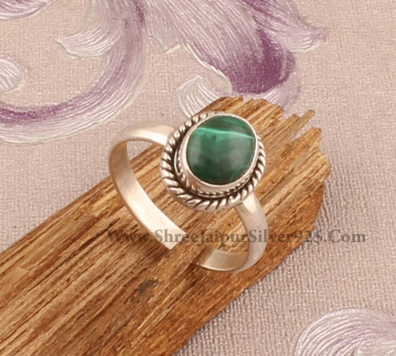 Solid 925-Sterling Silver Ring With Natural Malachite Gemstone Ring  Cabochon &amp; Top Rare Stone Boho Ring Middle Finger Ring Engagement Ring