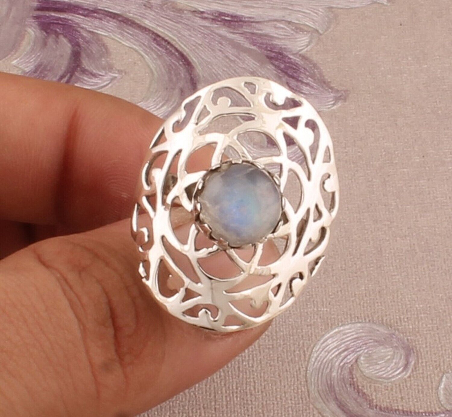 Natural Rainbow Moonstone Silver Ring, 925 Sterling Silver Round Shape Gemstones Ring, Designer Cut Work Rings Handmade Ring, Gift For Her