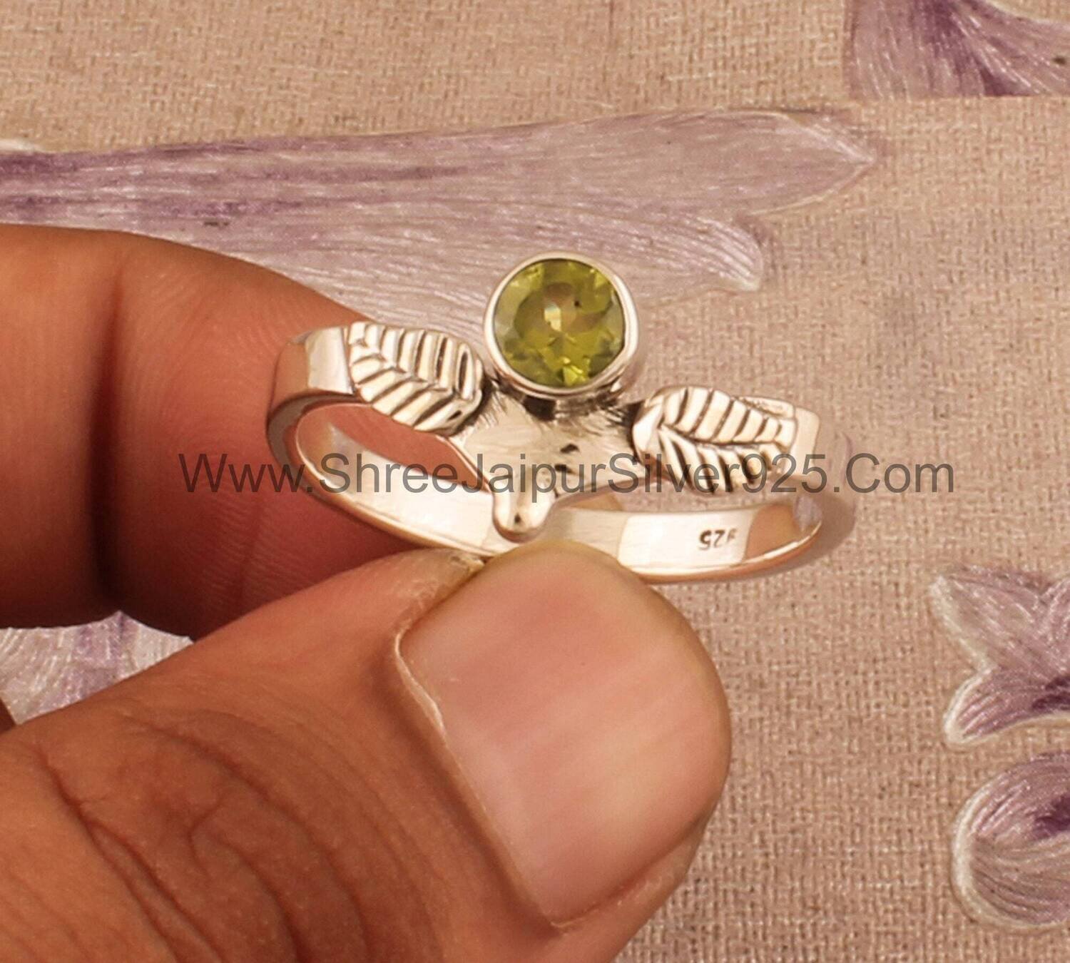 Natural Peridot Round Gemstone Ring, 925 Sterling Silver Gemstone Ring, Designer Hand Carved Leaves Ring, Engagement Ring, Gift For Women