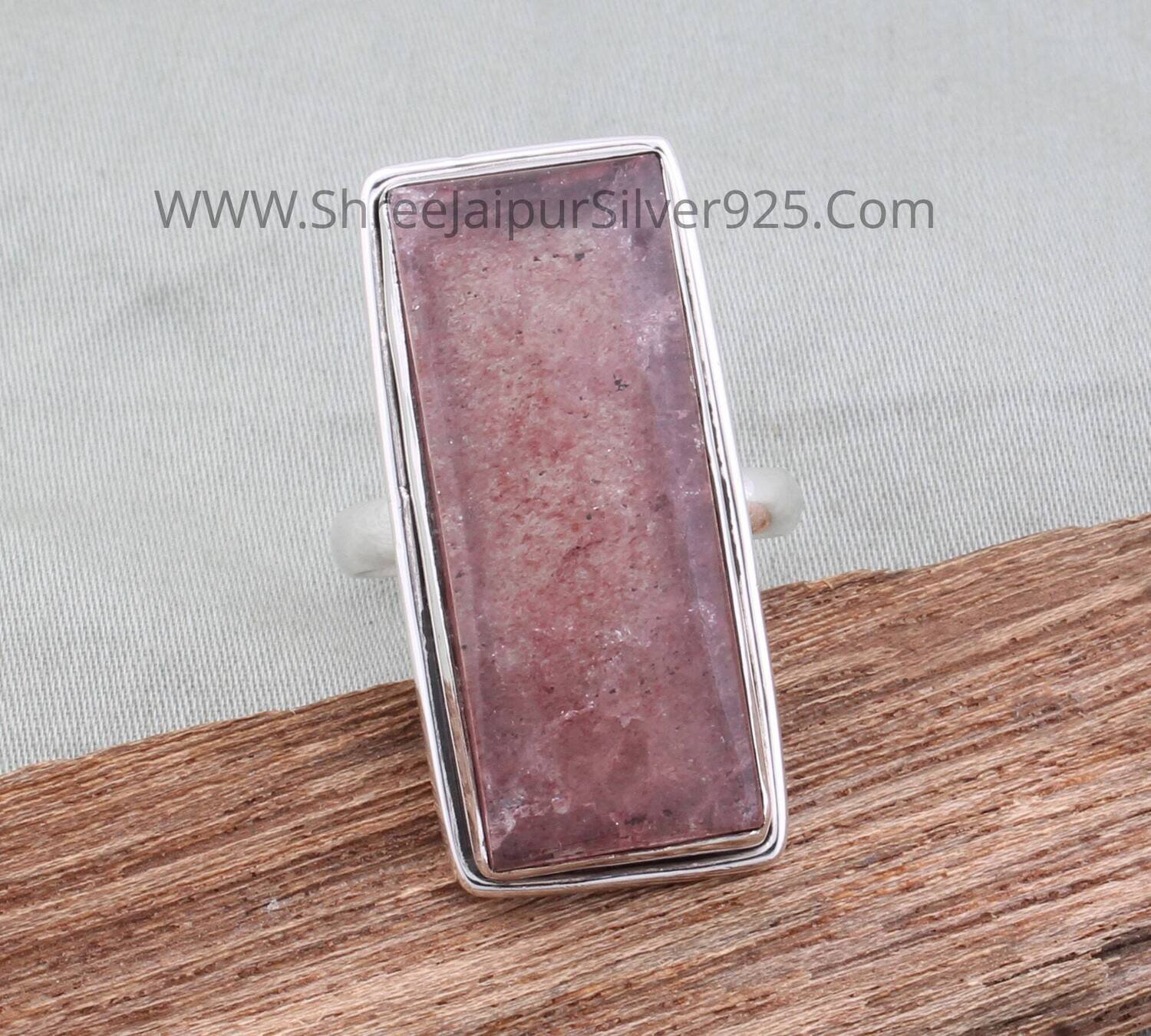 Natural Cherry Quartz Solid 925 Sterling Silver Ring For Women, Handmade Rectangle Bar Stone Band Ring For Wedding Anniversary Gift For Her