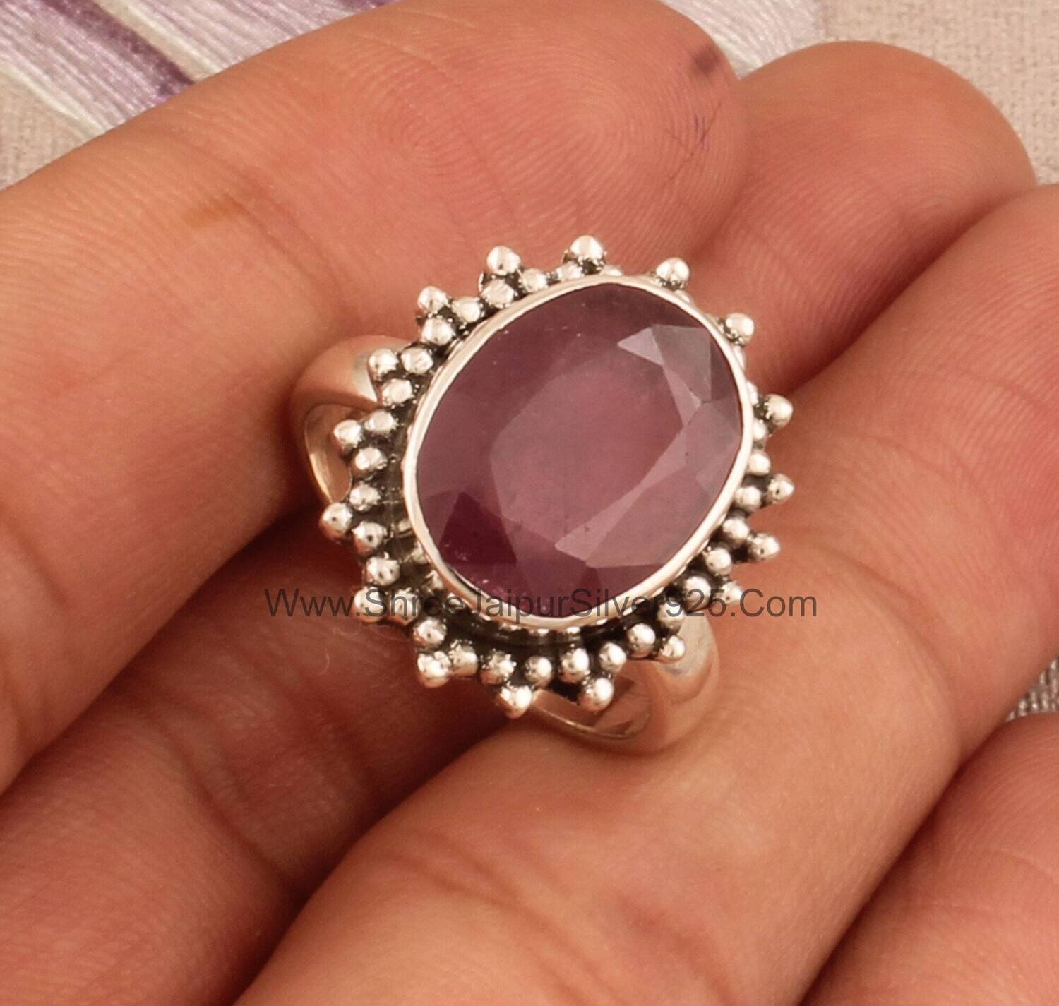 Ruby Oval Cut Solid 925 Sterling Silver Ring For Women, Handmade Oval Cut Stone Silver Flower Ring For Wedding Anniversary Gift For Her