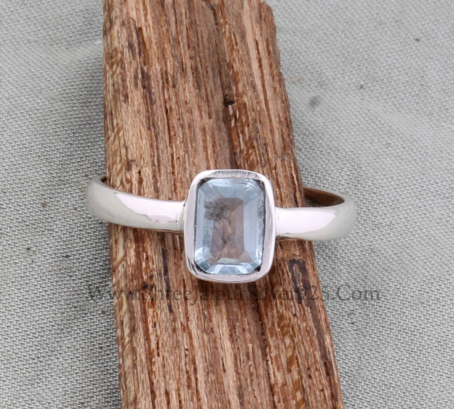 Natural Blue Topaz Emerald Cut Stone Solid 925 Sterling Silver Ring For Women, Handmade Solid Silver Ring For Wedding Anniversary Gift Idea
