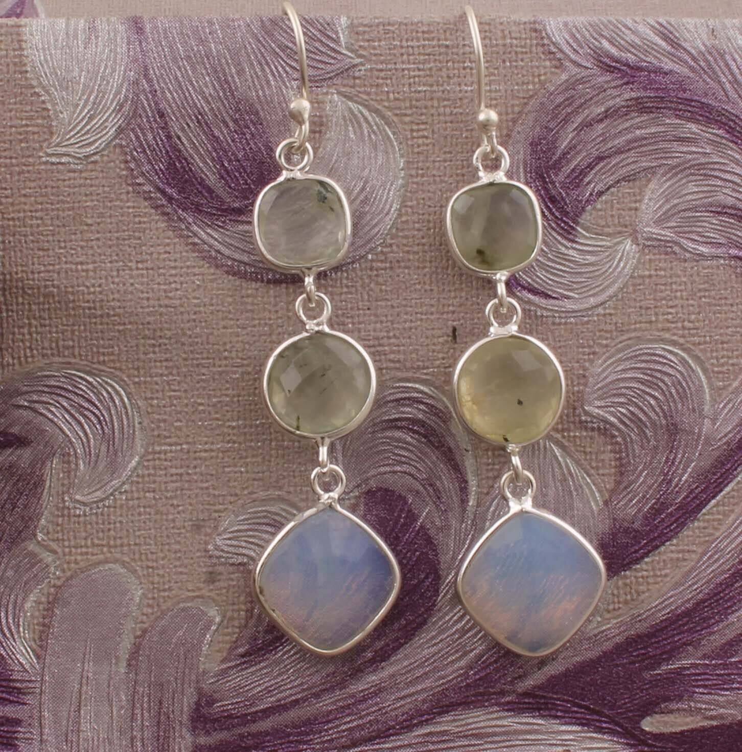Combo Gemstone Earring Prehnite+Moonstone Stone Earring 925-Sterling Solid Silver Earring,Three Stone Earring Long Earring Gift For Her