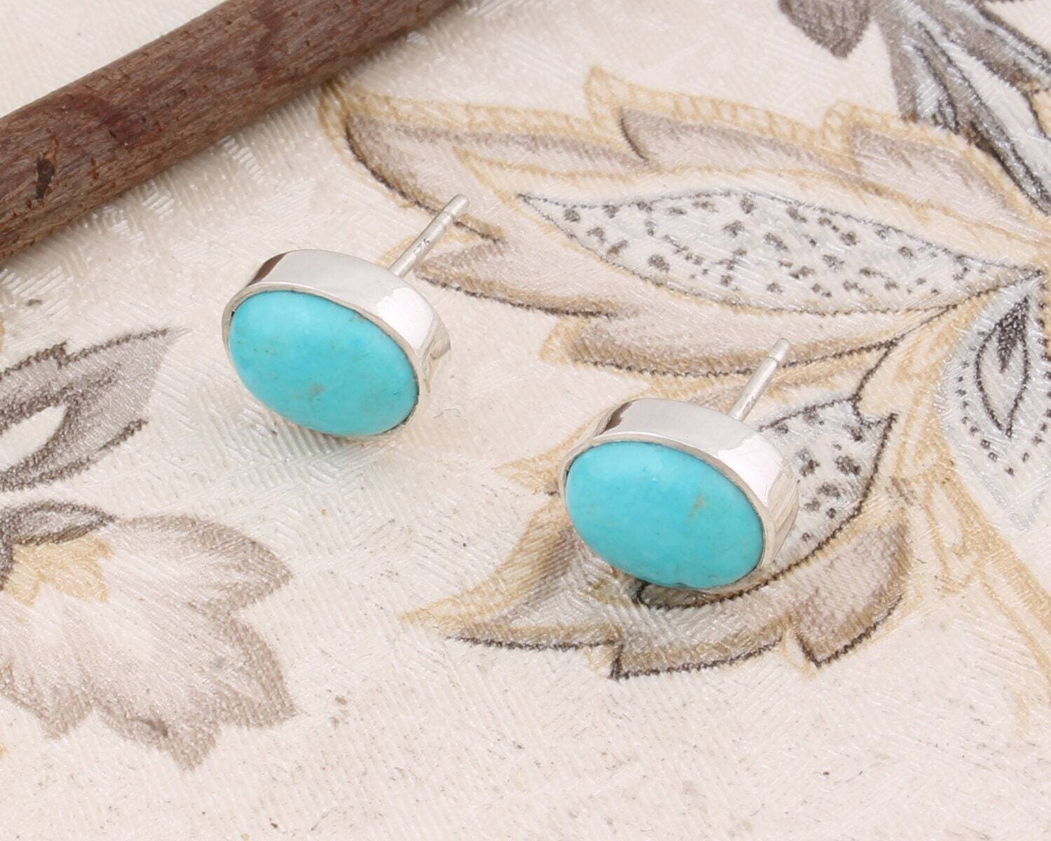 Boho Earring With Turquoise Gemstone Earring Cabochon Stone Studs Earring 925-Sterling Solid Silver Earring Gift For You L# 282909Birthstone