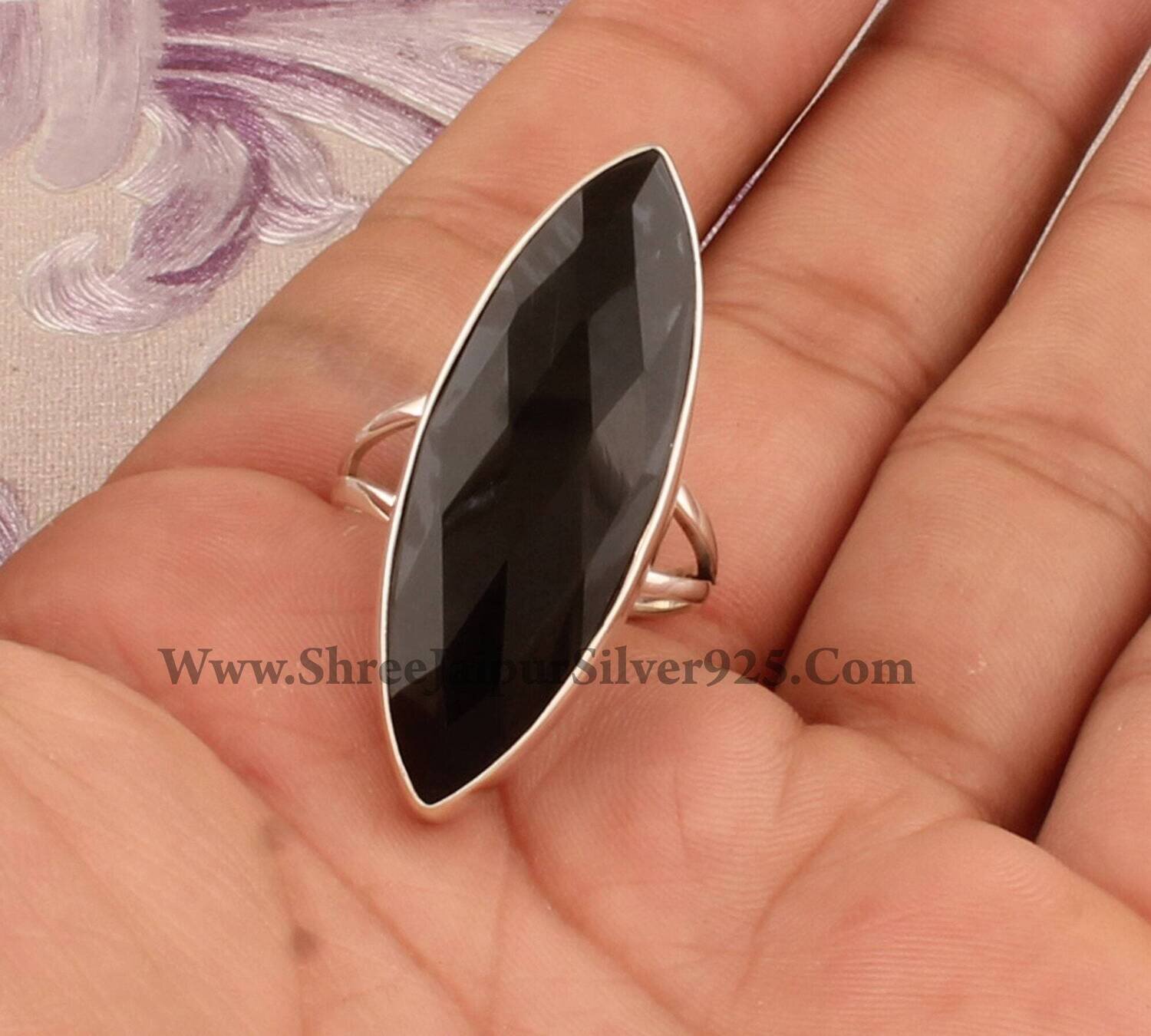 Natural Black Onyx Top Quality Gemstone Ring,Cut,Faceted,Marquise Shape Stone Ring 925-Sterling Silver Ring,Middle Finger Ring,Long Ring
