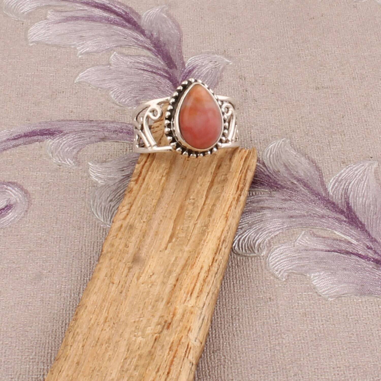 925 Sterling Solid Silver Ring,Pink Color Gemstone Ring Top Quality Cabochon Ring,Middle Finger Ring,Engagement,Pear Ring Gift For Sister