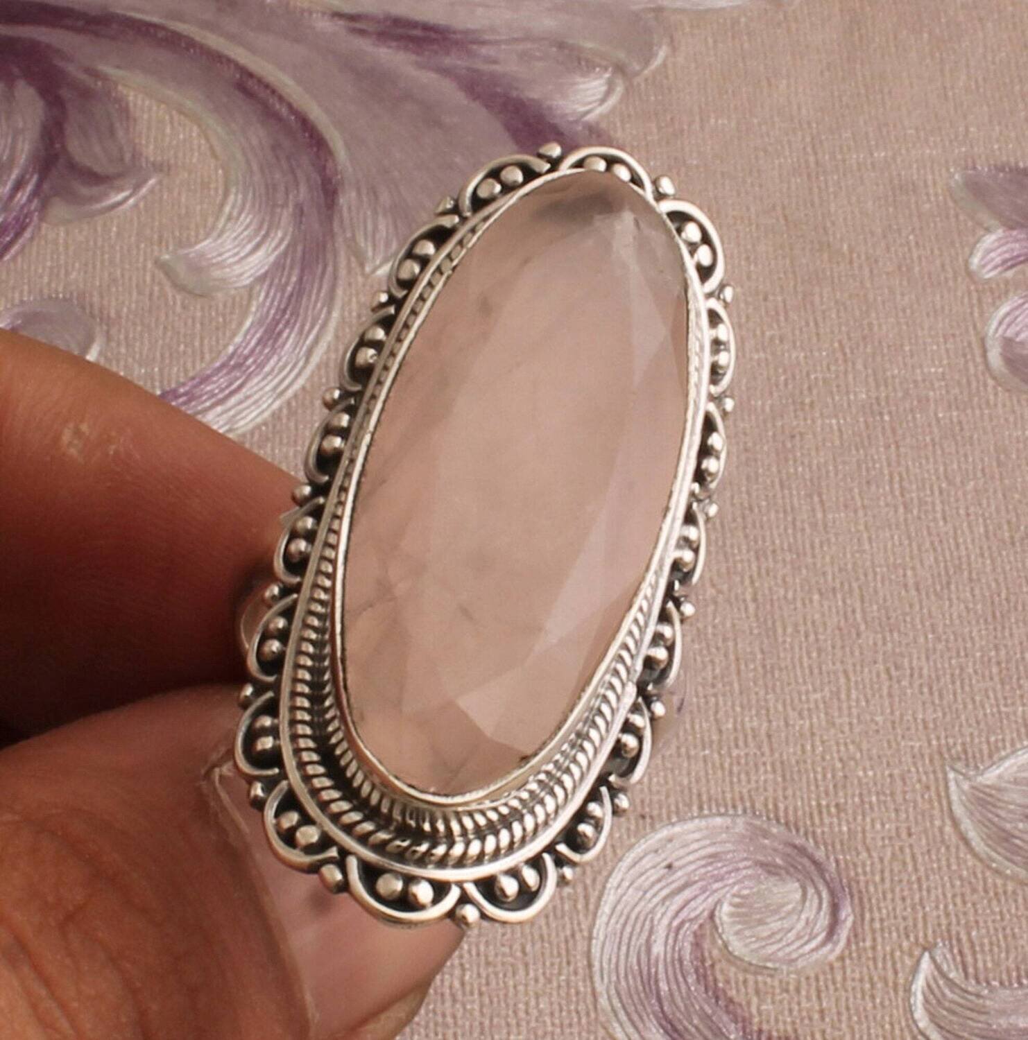 925 Sterling Silver Rose Quartz Oval Silver Rings, Handmade Designer Gemstones Silver Ring, Big Stone Rings For Women, Index Finger Rings