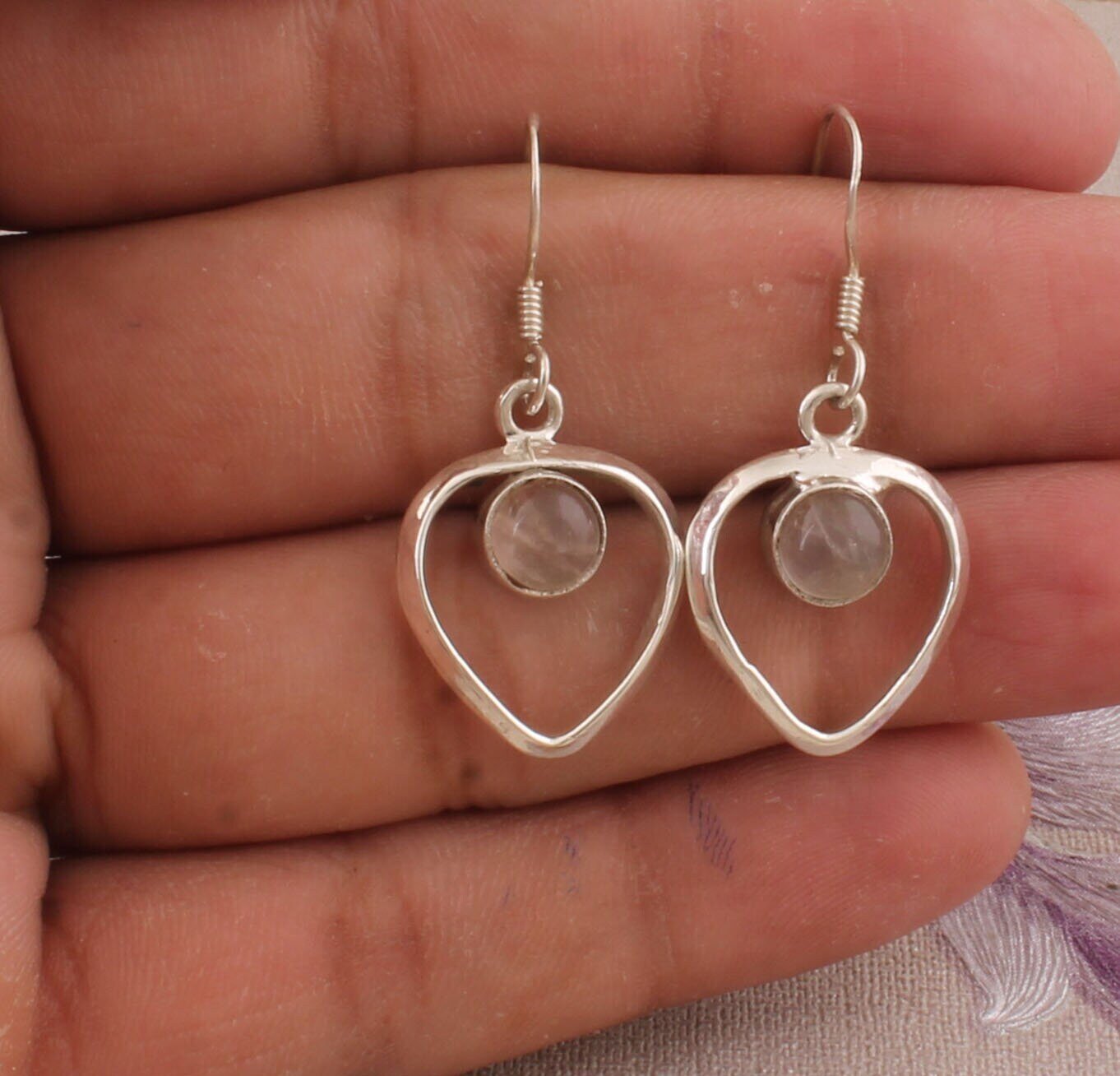 Top Quality Rose Quartz Gemstone Earring,Cabochon Round Stone Earring 925-Sterling Silver Earring, Heart Shape Earring, Women's Earring