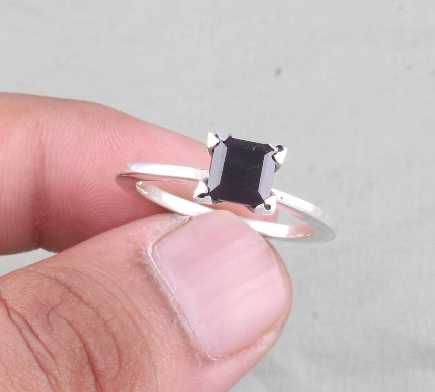 Natural Black Onyx Square Cut Prong Set Stone Solid 925 Sterling Silver Ring For Women, Handmade Prong Set Ring For Wedding Anniversary Gift