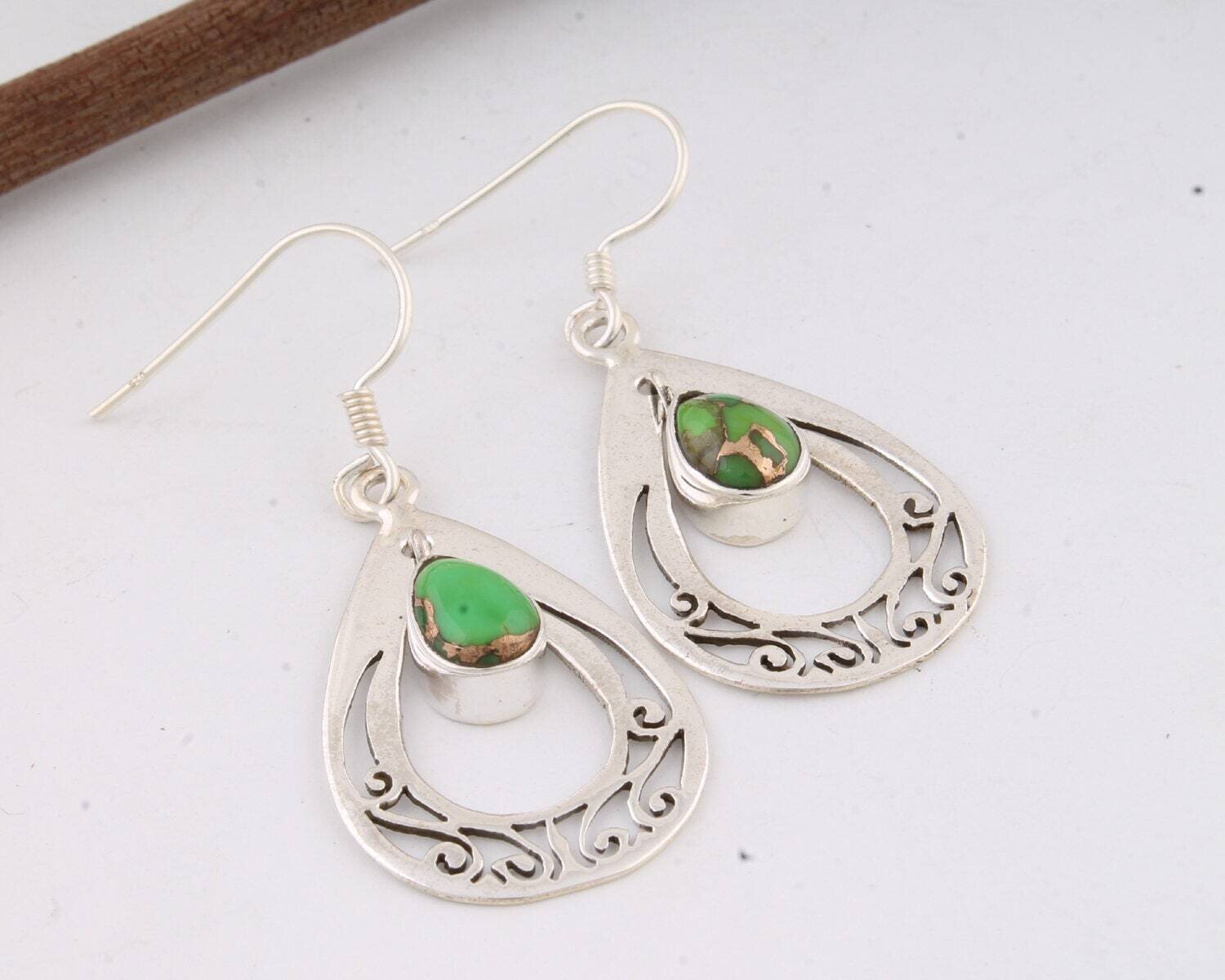 Silver,Solid Earring 925-Silver Sterling Earring  Composite Turquoise Gemstone Earring Charm Earring &amp;Handmade EarringCyber2021Birthstone