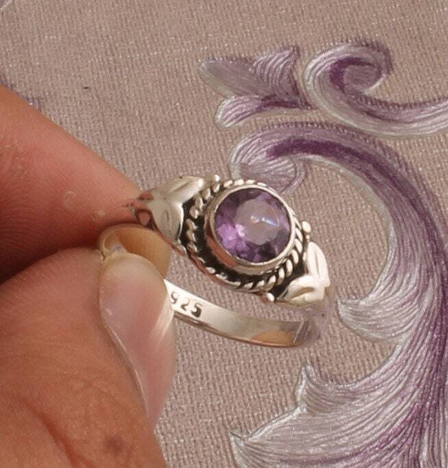 Natural Amethyst Ring, 925 Sterling Silver Rings For Women, Purple Round Faceted Cut Handmade Gemstone, Engagement, Vintage, Birthday Gifts.