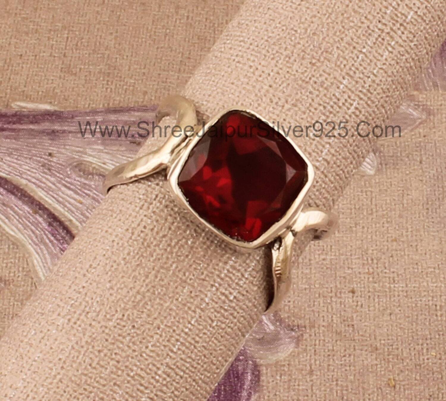 Two Layer Band Ring 925 Sterling Silver Ruby Lite Quartz Cushion Shape Gemstone Ring, Designer Handmade Gemstone Silver Ring, Women Jewelry