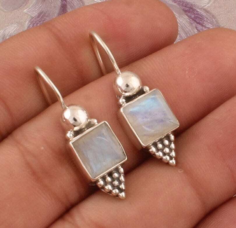 Natural Multi Square Shape Gemstone Earrings, 925 Sterling Silver Earrings, Designer Dotted Silver Earrings, Handmade Earring, Gift For Her