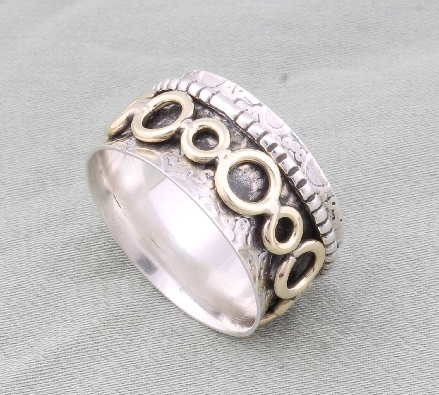 Open Circles 925 Sterling Silver Designer Spinner Ring For Women, Handmade Two Tone Meditation Band Ring For Her, Round Fidget Anxiety Ring